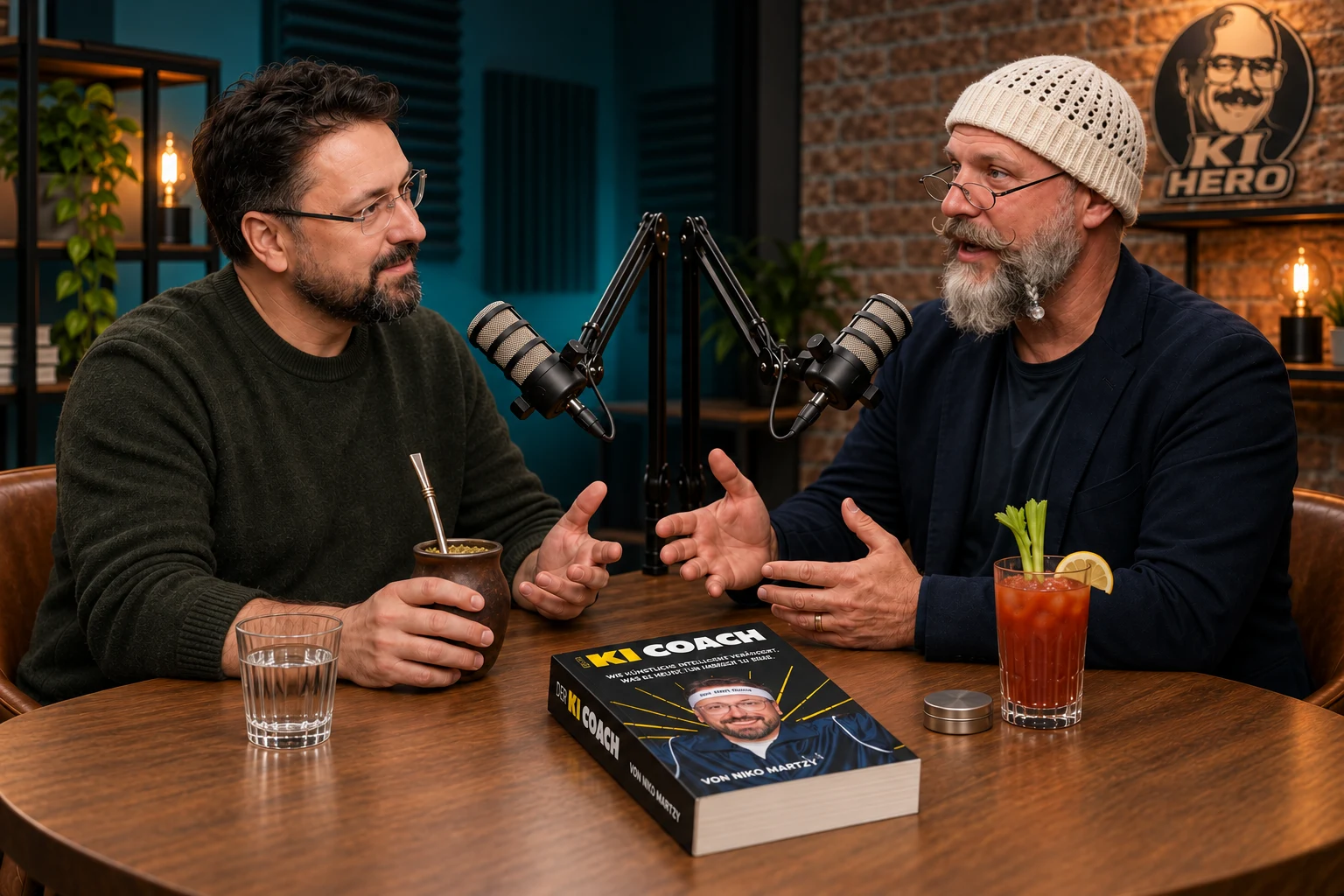 Niko mit Mate-Tee und Sascha mit alkoholfreier Bloody Mary im vertrauten Podcaststudio; mit KI erzeugte Szene