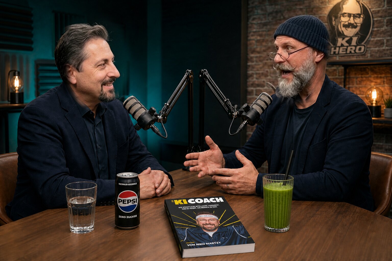Niko Martzy und Sascha im Gespräch im Studio des KI Hero Podcasts, zwischen ihnen das Buch Der KI Coach, an der Wand das KI-Hero-Logo (Bild KI-generiert)